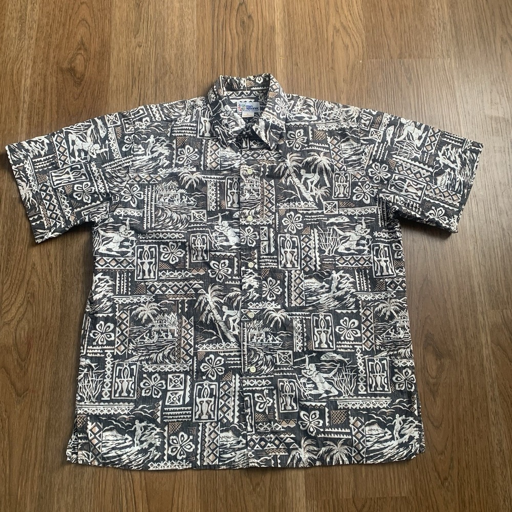 REYN SPOONER White Brown Tribal Button Hawaiian Aloha Tropical Shirt Men Size L